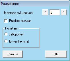 Puurakenne Näytä valikon Puurakenne -kohdasta saadaan yhteen liimattavat tulosteet valitun henkilön jälkeläisistä tai esivanhemmista.