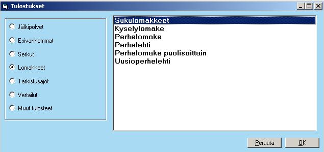 13. Tulosta lomakkeet Sukulomakkeet Sukulomakkeet -valinnalla voidaan tulostaa esitäytettyjä Perhetaulu -lomakkeita.