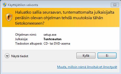 Jos asennus ei mene suunnitelmien mukaan, niin ota mahdollinen virheilmoitus tarkasti ylös ja kysy tarvittaessa neuvoa. Muista lopettaa kaikki muut ohjelmat asennuksen ajaksi.