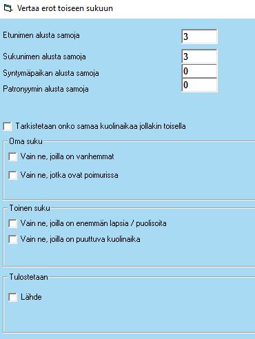 15. Tulosta vertailut Vertaa toiseen Sukujutut-sukuun Voit vertailla kahta eri SukuJutut - aineistoa käynnis-tämällä Tulosta -valikosta Vertaa toista Sukujuttua -listan.