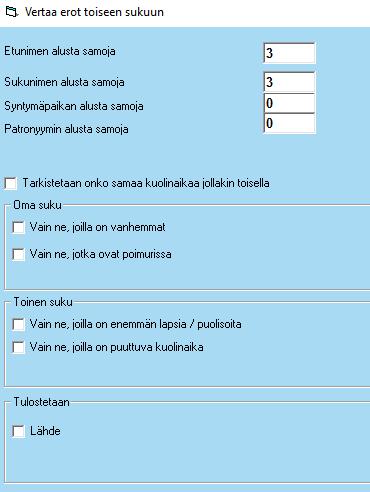 15. Tulosta vertailut Vertaa toiseen Sukujutut-sukuun Voit vertailla kahta eri SukuJutut - aineistoa käynnis-tämällä Tulosta -valikosta Vertaa toista Sukujuttua -listan.