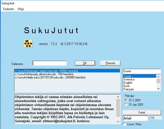 Parametrit -näytölle päästään Keskusikkunan Tiedosto -valikosta Salasana -näytöllä voit valita käytettävän kielen tarvittaessa esim. English (englanti) mikäli lähetät tulosteita Amerikan sukulaisille.