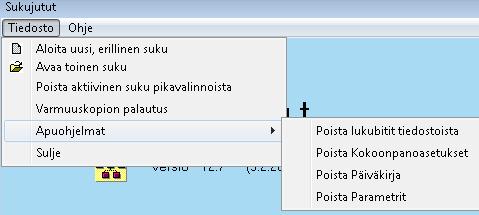 Esim. C:\Suvut\Luhtasaari_Seppo. Jos pikakuvakkeelle halutaan laittaa eri lähtöhenkilö, mitä Parametrit -näytöllä on annettu, lisää Kohde -kohtaan Sukujutut.