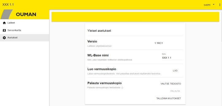 Tukiaseman konfigurointi Web UI kuva7 Palauta varmuuskopio: Palauttaa nimet ja asetukset, mutta jokainen anturi on otettava uudelleen käyttöön uudelle tukiasemalla.