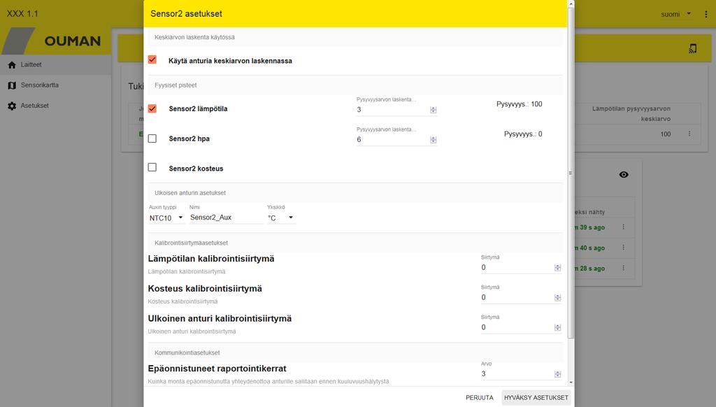 Langattoman huoneanturin AUX-liityntä Langattomaan anturiin tai reitittävään anturiin on mahdollista kytkeä ulkoinen lämpötilamittaus, digitaalitulo, tilatieto tai 0-0 VDC