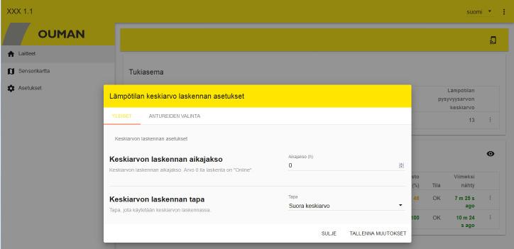 Keskiarvolaskennan valinnat Web UI kuva6 Laskentaan halutut mittaukset voi valita Antureiden valinta -välilehdeltä tai anturikohtaisesta asetuksista.