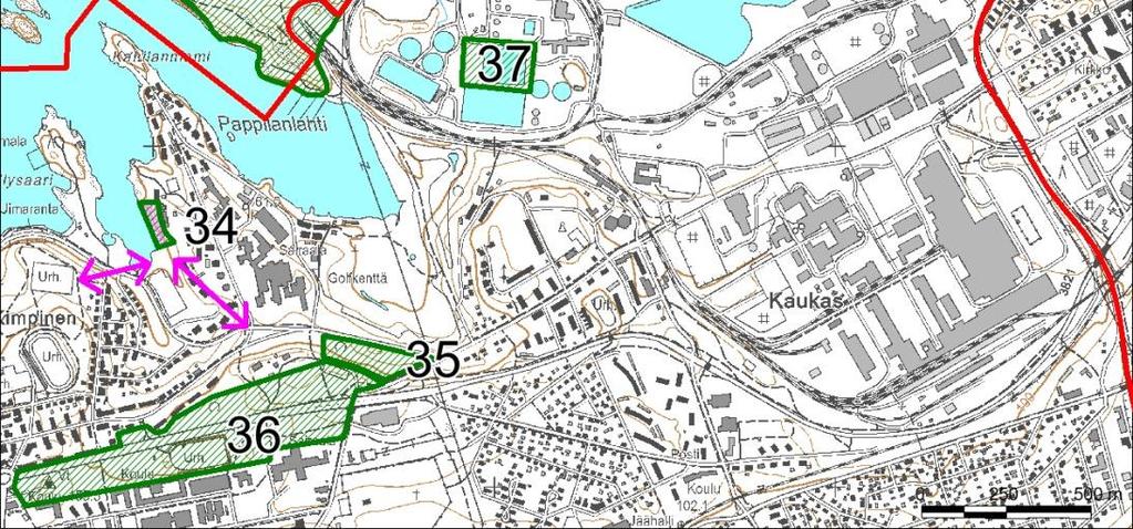 Itäosan luontokohteet (33 41, 43 ja 46), kalliosinisiiven havaintopaikat (vaalean sinisellä) ja kangasvuokkojen kasvupaikka (vaalean vihreällä). 42.