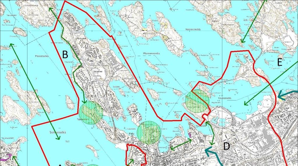 33 Kuva 23. Maakuntakaavan viheryhteystarve/ekologinen käytävä -merkinnät ja muun muassa liito-oravien liikkumisen kannalta tärkeiksi arvioidut paikalliset ekologiset yhteydet (A E).