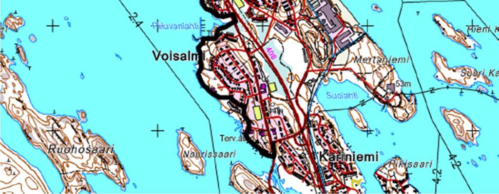 Ensimmäinen laskentakierros tehtiin 2. 3.7. ja toinen 6. 7.8. Kuva 1. Lepakoiden kartoitusreitin (n. 5 km) sijainti Voisalmen ja Kivisalmen välisellä ranta-alueella (musta viiva).