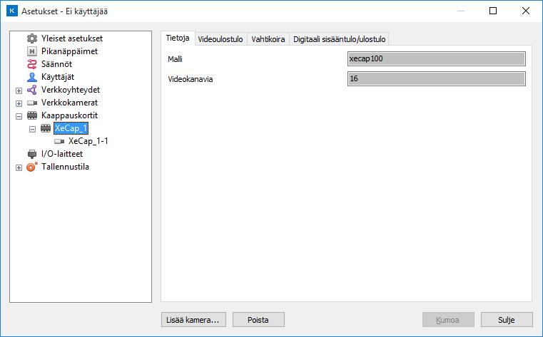 ASETUSTEN YLEISKATSAUS Kaappauskortit Kuva 2.14: Kaappauskortit. Kaappauskortin lisääminen Windowsissa: Valitse Kaappauskortit asetuspuusta. Napsauta Lisää kaappauskortti.