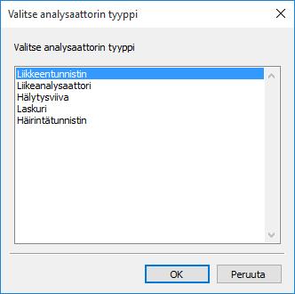ANALYTIIKKA Analysaattorin lisääminen Kuva 7.3: Uuden analysaattorin valintalista. Analysaattorin asetukset tulevat näkyviin painamalla sitä asetusikkunassa.