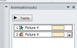 Jokaiselle animaatiolle voit määritellä myös lisäasetuksia, esim. animaation keston (Ajoitus-ryhmästä), ja sen miten animaatio käynnistyy Käynnistin painike).