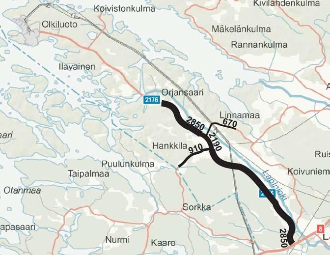 Kuva 8-3 Olkiluotoon johtavat tiet ja elo-syyskuussa 2007 lasketut liikennemäärät (ajoneuvoa vuorokaudessa) (Ramboll Finland Oy 2007a). 8.6 Rakentamisen aikaisten kuljetusten ja liikenteen vaikutukset 8.