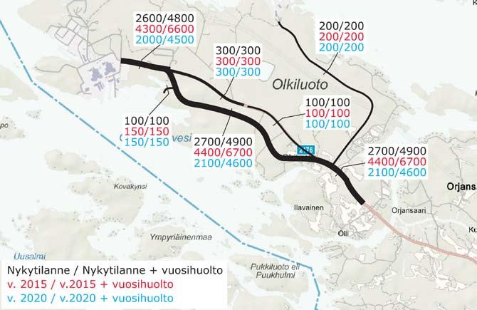 Taulukko 9-3 Vuorokauden liikennemäärät Olkiluodontiellä (maantie 2176) voimalaitosalueelle tultaessa ydinvoimalaitoksen käyttötilanteessa.