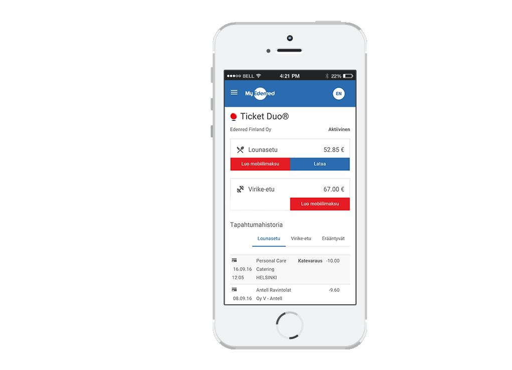 MyEdenred mobiilimaksu ja kaikki muut kortinhaltijan tarvitsemat toiminnot yhdessä palvelussa.