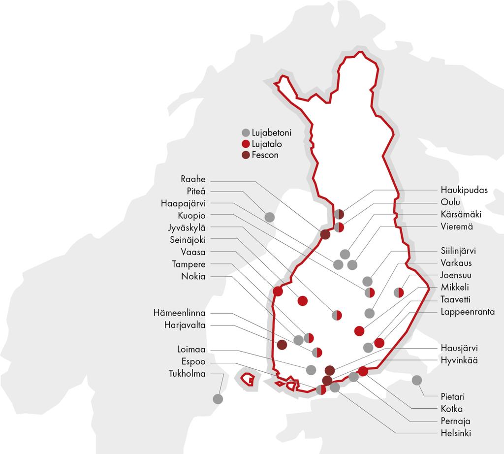 Julkisivut - Maatalouselementit - Valmisbetonit - Paalut - Ratapölkyt - Luja-kivitalot - Muut betonituotteet - Valmisbetoni Ruotsissa