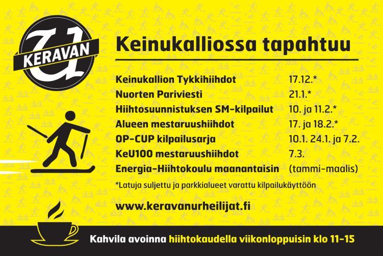 Hiihtokalenteri 2017 18 3 Sisällys Jaostoesittely 2 Puheenjohtajan katsaus KeU100-juhlakauteen 4 Energia-hiihtokoulu 8 Aikuisten hiihtokoulu 9 Kilpailuja Keinukalliossa 2018 10 Päävalmentajan