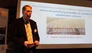 Maanviljelijä Markus Eerola kertoi ILMASE-hankkeen loppuseminaarissa 2014, miten ilmastokysymyksillä on merkitystä viljelijöiden arkeen. kuva: Karoliina Rimhanen / Luken arkisto.