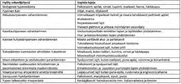 nurmet kuin viljatkin. Vähintään aluskasvi on aina mukana. Kun suunnittelee seoksia, kannattaa ajatella todella monipuolisesti mitä ne hyödyt voisivat olla.