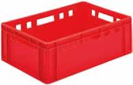Elintarvikehyväksytyt muovilaatikot 40L 600X400x200mm Punainen Bekuplast:n valmistamat laatikot takaavat tuotteille hygieenisen kuljetuksen ja varastoinnin.