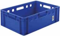 Elintarvikehyväksytyt muovilaatikot 40L 600X400x200mm Sininen Bekuplast:n valmistamat laatikot takaavat tuotteille hygieenisen kuljetuksen ja varastoinnin.