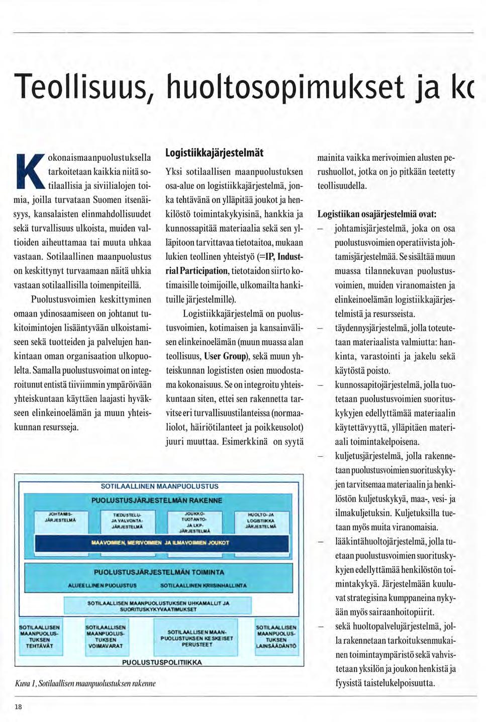 Teollisuus, huoltosopimukset ja kc Kokonaismaanpuolustuksella tarkoitetaan kaikkia niitä sotilaallisia ja siviilialojen toimia, joilla turvataan Suomen itsenäisyys, kansalaisten elinmahdollisuudet
