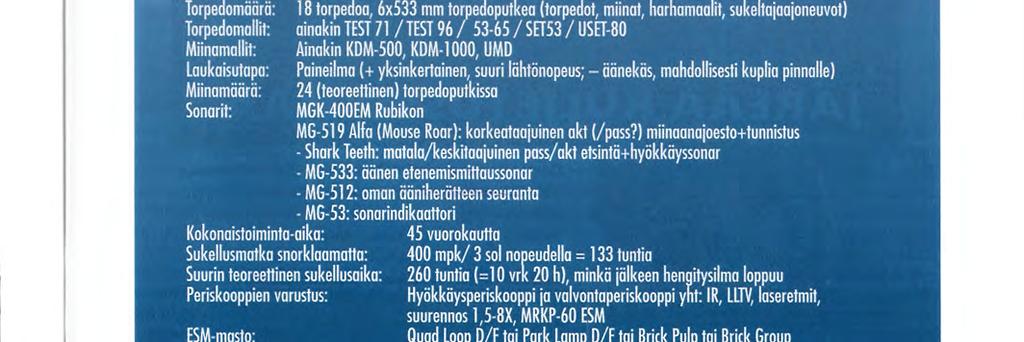 lä on asevalikoimissaan laskettavia tai itse-uivia miinoja. Laskettavat miinat kuljetetaan joko torpedoputkissa tai ulkopuolisissa telineissä.