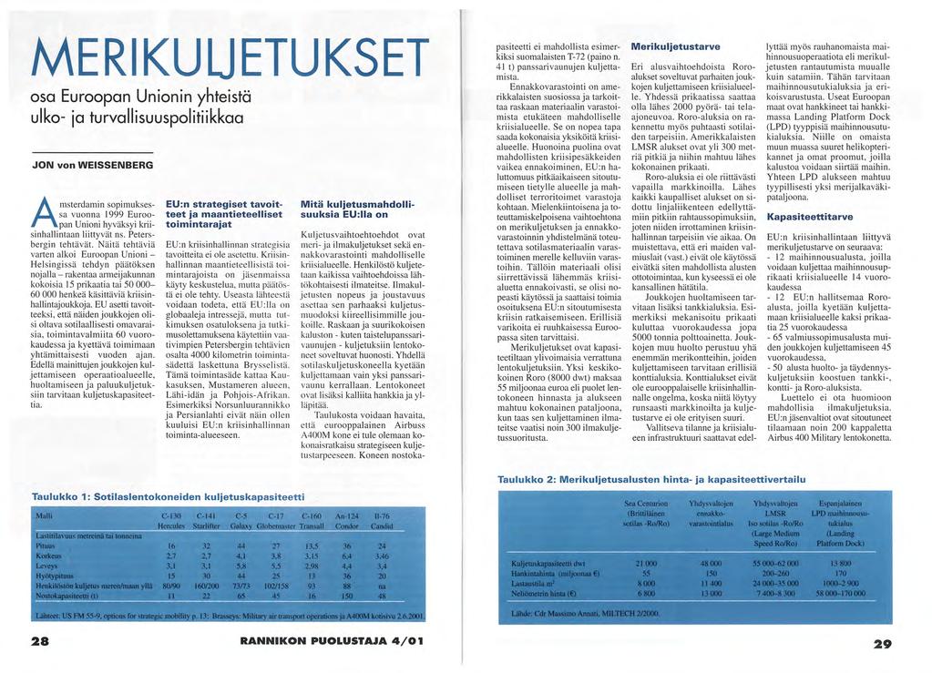 MERIKULJETUKSET osa Euroopan Unionin yhteistä uiko- ja turvallisuuspolitiikkaa JOISI von VVEISSENBERG Amsterdamin sopimuksessa vuonna 1999 Euroopan Unioni hyväksyi kriisinhallintaan liittyvät ns.