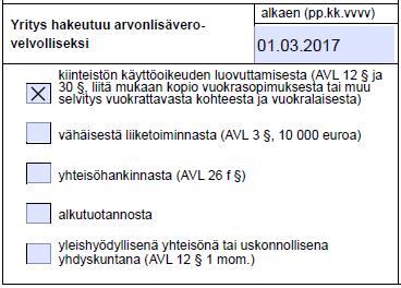 1. Kiinteistön käyttöoikeuden luovutus Kiinteistön käyttöoikeuden luovuttaja voi tietyin edellytyksin hakeutua verovelvolliseksi.