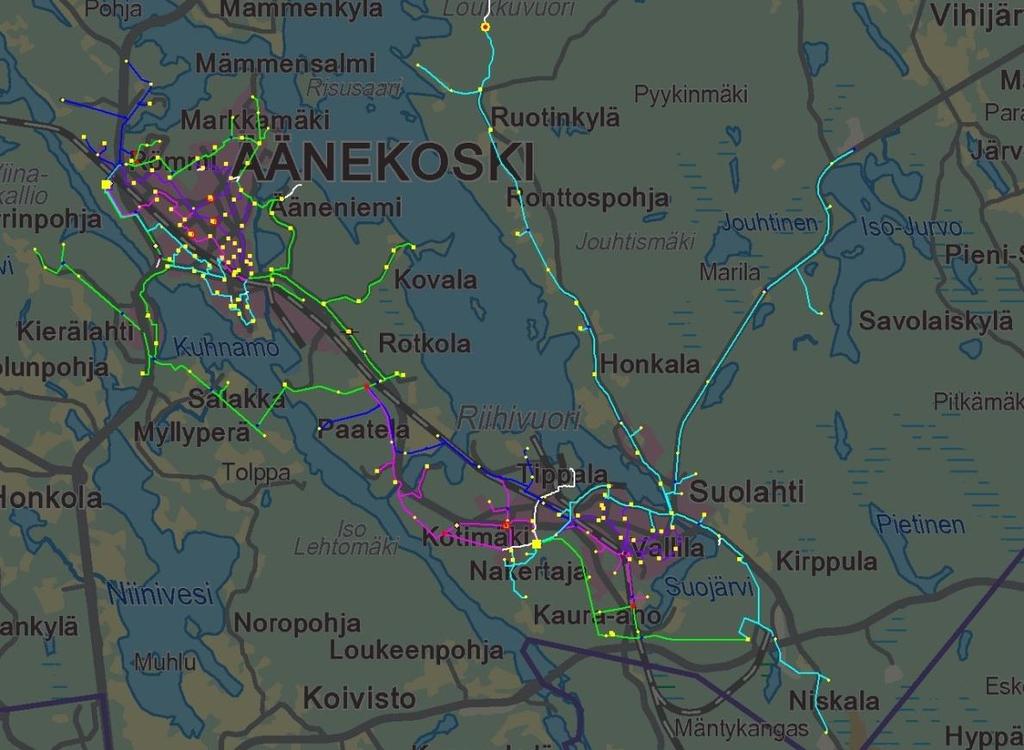 9(75) Kuvio 1. Äänekosken Energian keskijänniteverkko Äänekosken Energian keskijänniteverkko on toteutettu maakaapeleilla ja ilmajohdoilla.