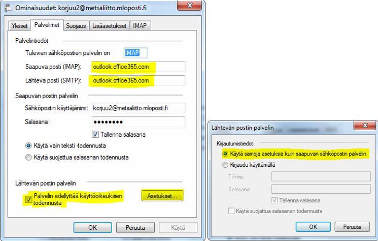 Valitse Outlook Expressissä valikko Työkalut/Tilit ja siellä Sähköposti-välilehti sekä valitse sitten mloposti-sähköpostitili ja klikkaa Ominaisuudet (Live Mailissa valikko