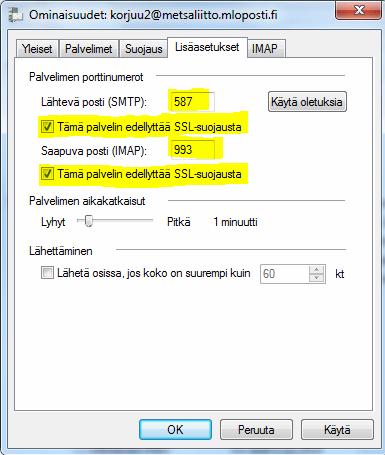 WoodForce asennusohje 13 (17) 4. Lisäasetuksissa määritä porttinumeroiksi SMTP: 587 ja IMAP: 993 sekä ruksit Tämä palvelin edellyttää SSL-suojausta. 5. Tallenna asetukset OK-painikkeella sekä käynnistä sen jälkeen sähköpostisovellus uudelleen.