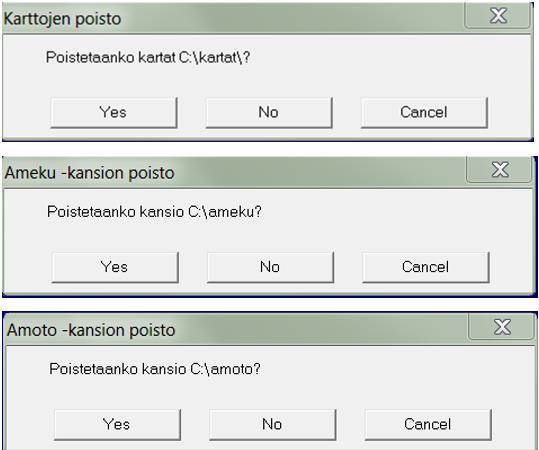 WoodForce asennusohje 7 (17) Kirjoita k ja paina enter. Seuraavaksi poistetaan karttaaineisto sekä ameku- ja amotokansiot. Klikkaa näihin Yes.