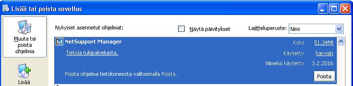 WoodForce asennusohje 9 (17) 6. Poistetaan Netsupport Manager Ohjauspaneelin lisää/poista toiminnon kautta. 7. Mikäli käyttöjärjestelmä Windows XP niin tarkistetaan Service Pack taso.