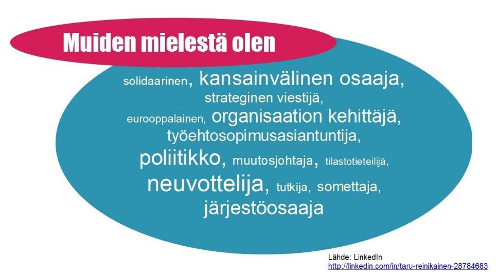 Opettelen mielelläni uusia asioita ja otan asioista oma-aloitteisesti selvää. Luonteeltani olen sosiaalinen, luotettava ja huolellinen.