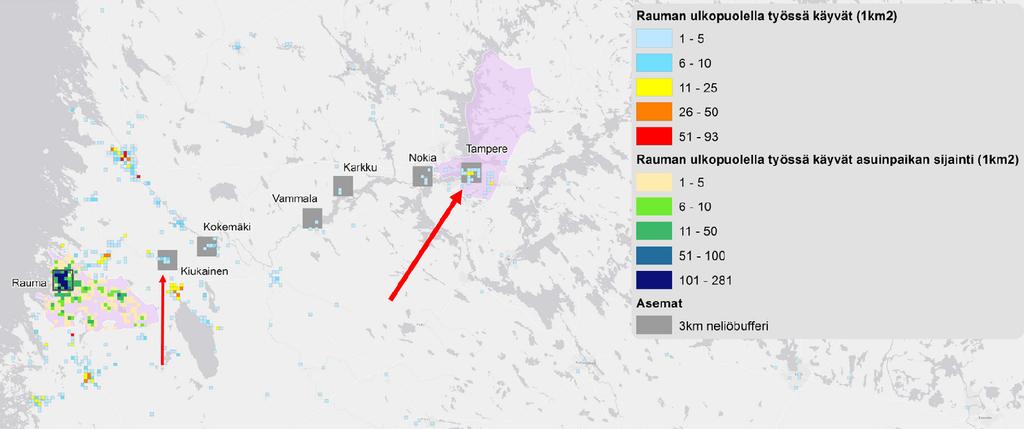 10.01.2017 20/53 Kuva 4. Pendelöinti Raumalta ja Raumalle radanvarren kuntien nykyisiltä henkilöliikenteen asemilta sekä Kiukaisista.