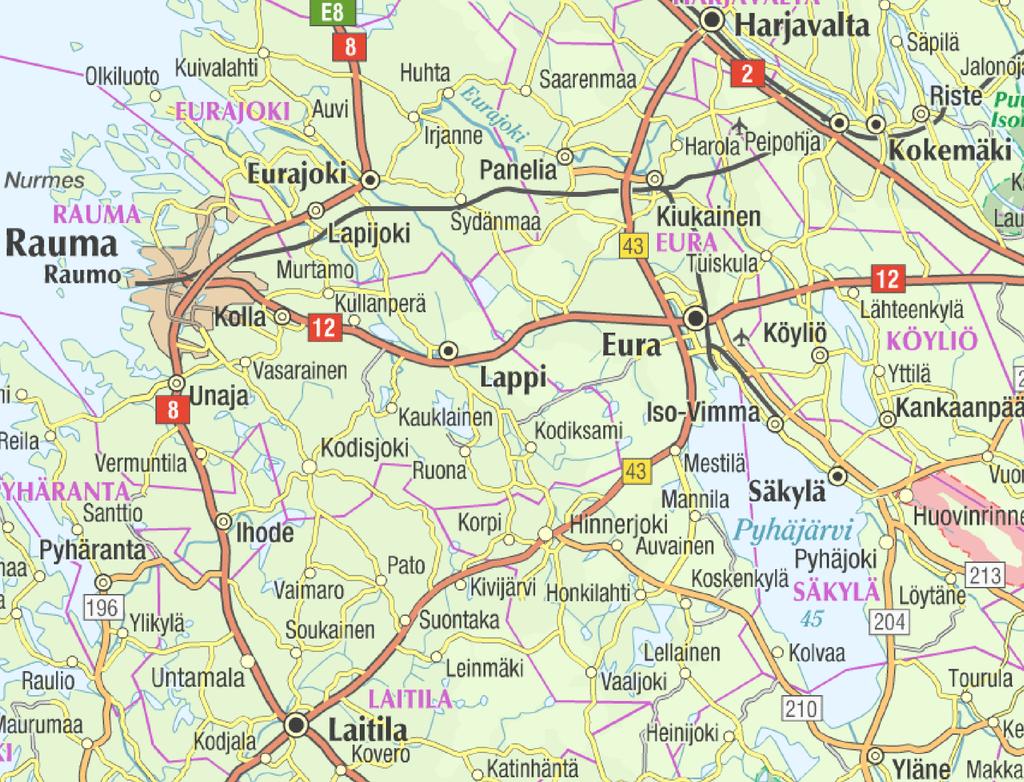 10.01.2017 8/53 2.1.1 Rataosa Kokemäki-Rauma suhteessa muuhun lähialueen liikenneverkkoon Kuva 2. Rauma Kokemäki rataosan sijainti sekä lähialueen tieverkko (Liikennevirasto 2011a).