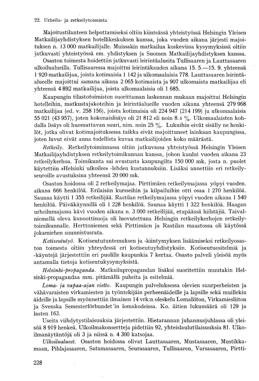 Majoitustilanteen helpottamiseksi oltiin kiinteässä yhteistyössä Helsingin Yleisen Matkailijayhdistyksen hotellikeskuksen kanssa, joka vuoden aikana järjesti majoituksen n. 13 000 matkailijalle.