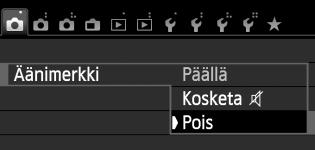 Kätevät ominaisuudet 3 Äänimerkin vaimentaminen Jos haluat, voit vaimentaa tarkennuksen, itselaukaisun tai kosketusnäyttöä käytettäessä kuuluvan äänimerkin.