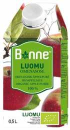 LUOMUA Luomu omenasose valmistetaan luonnonmukaisesti kasvatetuista luomuomenoista. 100 % luomuomenaa. BONNE TÄYSMEHUT Täysmehupitoisuus 100 %. Makeuttamaton. Ei lisäaineita.