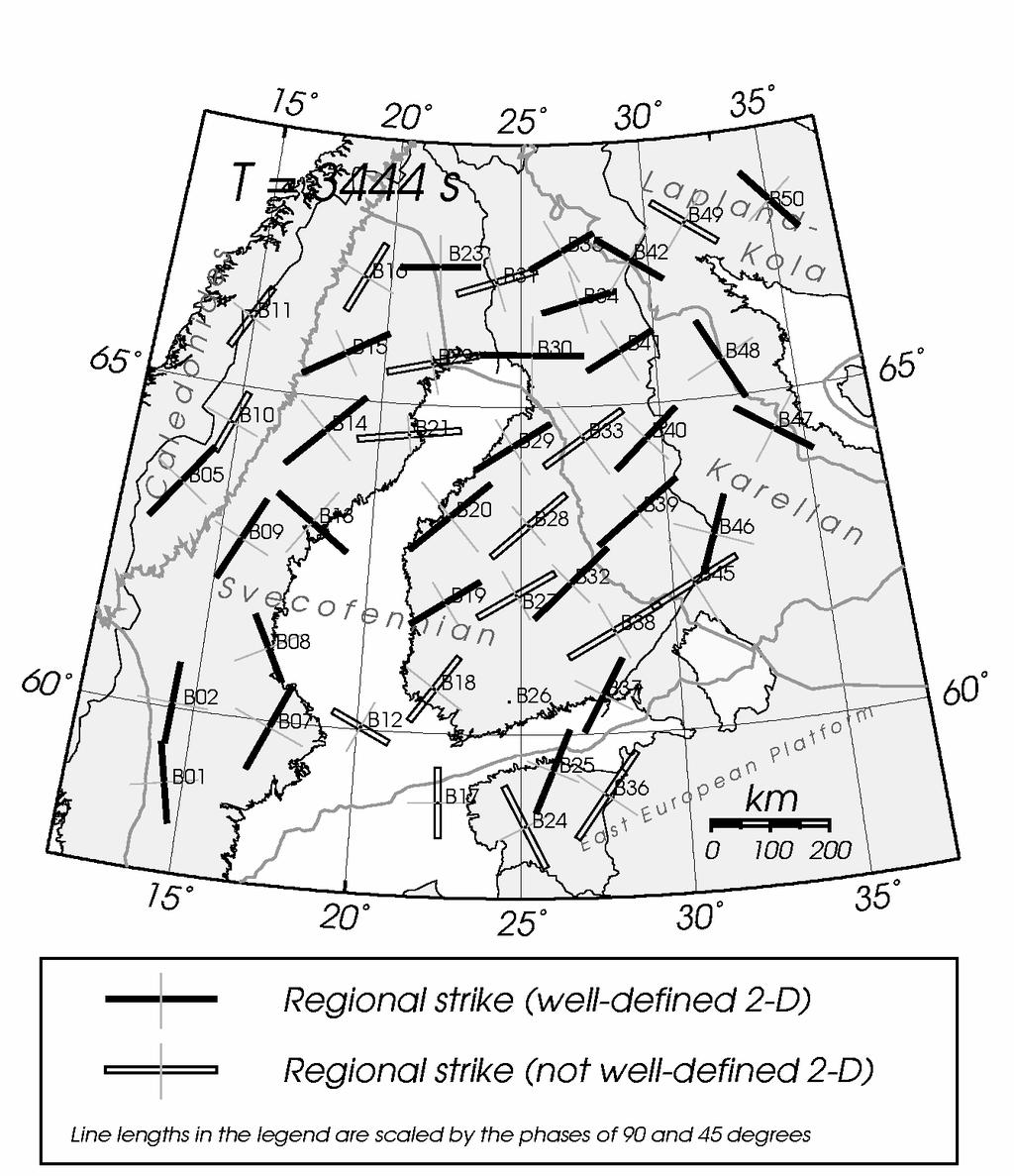 Kuva 2. Ylävaipan geosähköinen suuntaus Fennoskandian kilvellä periodilla 3444 s (Lahti et al., 2005). Periodi vastaa tutkimussyvyyttä 150 250 km. Aineiston analysointi (Lahti et al.