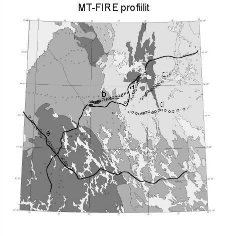 Kuva1. MT FIRE luotaukset (suuret renkaat), profiilit (a e) sekä FIRE heijastusseismiset profiilit 1 ja 3 (viiva) geologisella kartalla. Pienemmät renkaat ovat aiempia MT/AMTluotauksia.