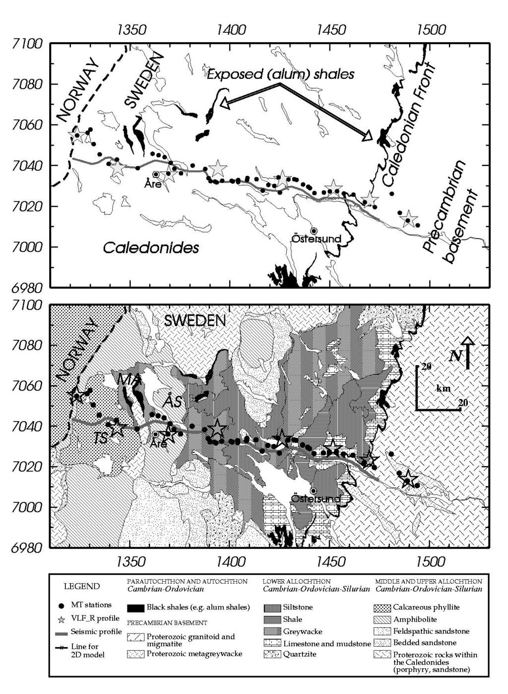 Figure 1. Lithological map of the central Scandinavian Caledonides in Sweden and location of the Jämtland magnetotelluric profile.