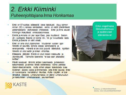 Sivu 10 / 55 Ryhmä 2: Asiakastapauksena Erkki Kiiminki Helena Kiimingin tapausta käsiteltävän työryhmän jäsenet olivat seuraavat: Puheenjohtajana Irma Honkamaa 1.