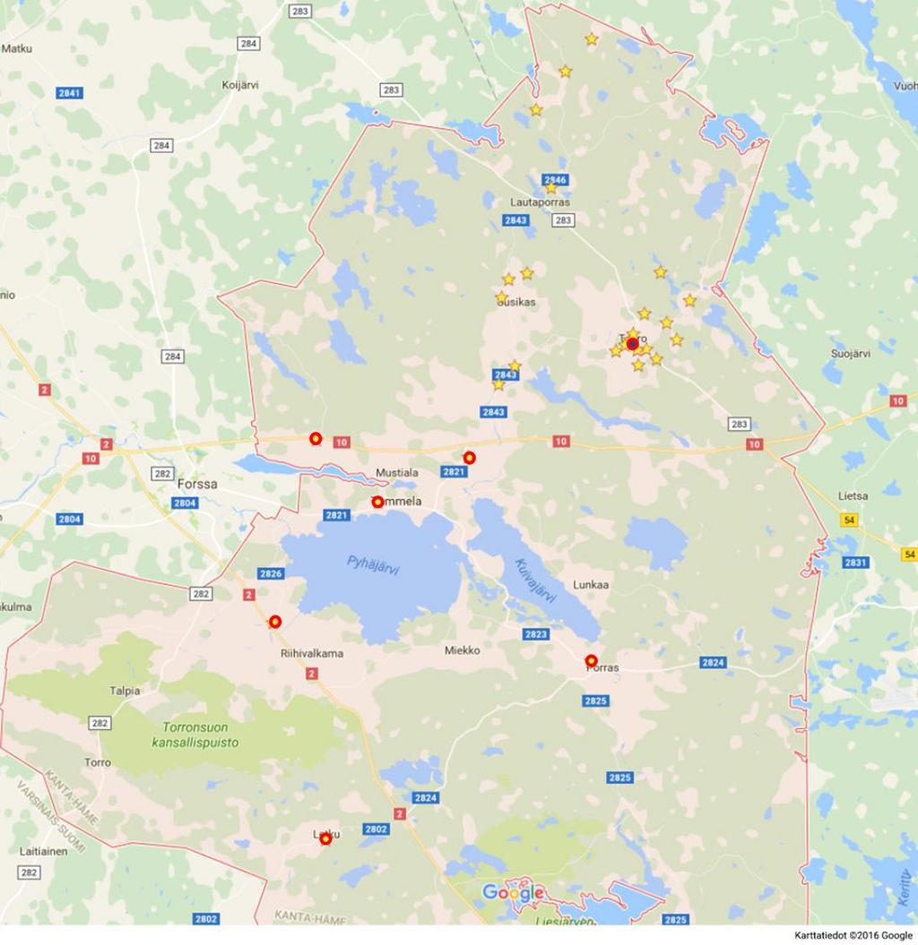 11 Kaavio 3. Tammelan koulujen sijainti (punaiset ympyrät) ja Teuron koulun oppilaiden perheiden asuinpaikat (keltaiset tähdet) s.