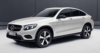 GLC:n ja GLC Coupén ulkopuolen kohokohdat Jäähdyttimen säleikkö jossa integroitu Mercedes-tähti ja kaksi lamellia GLC:ssä tai yksi lamelli GLC Coupéssa, värinä korkeakiiltoisen musta, kromikoristeet