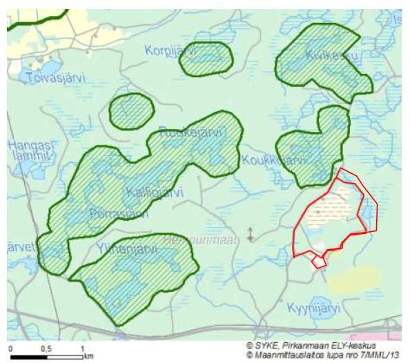 2 Kuva 1. Kaakkurijärvien Natura-alue (Pirkanmaan ELY-keskus 2013). Kaava-alueen sijainti on merkitty kuvaan punaisella rajauksella (uloin punainen viiva).