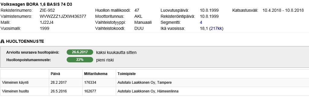 23 KUVA 7 Huoltoliiditiedot Määräaikaishuoltojen lisäksi järjestelmä tunnistaa autot, joita koskee tehtaan avoin laadunparannuskampanja.