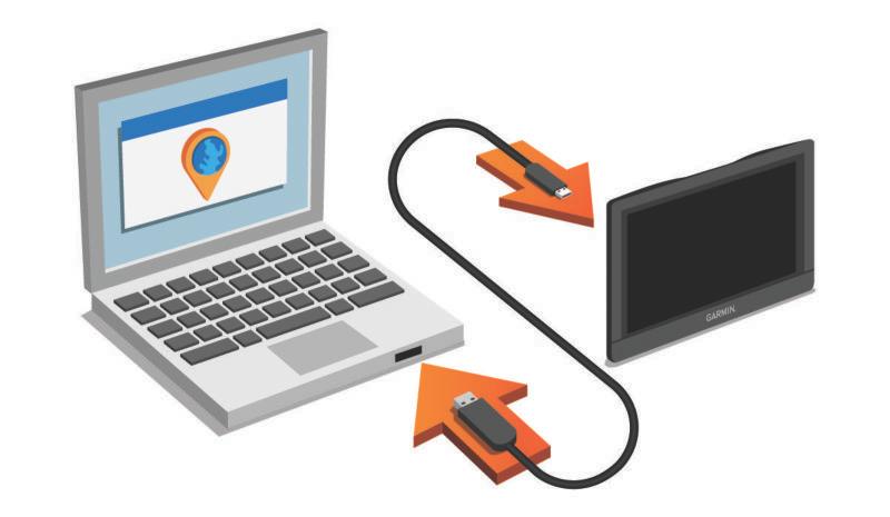 3 Avaa ladattu tiedosto ja asenna ohjelmisto seuraamalla näytön ohjeita. 4 Käynnistä Garmin Express. 5 Liitä nüvi laite tietokoneeseen USB-kaapelilla.