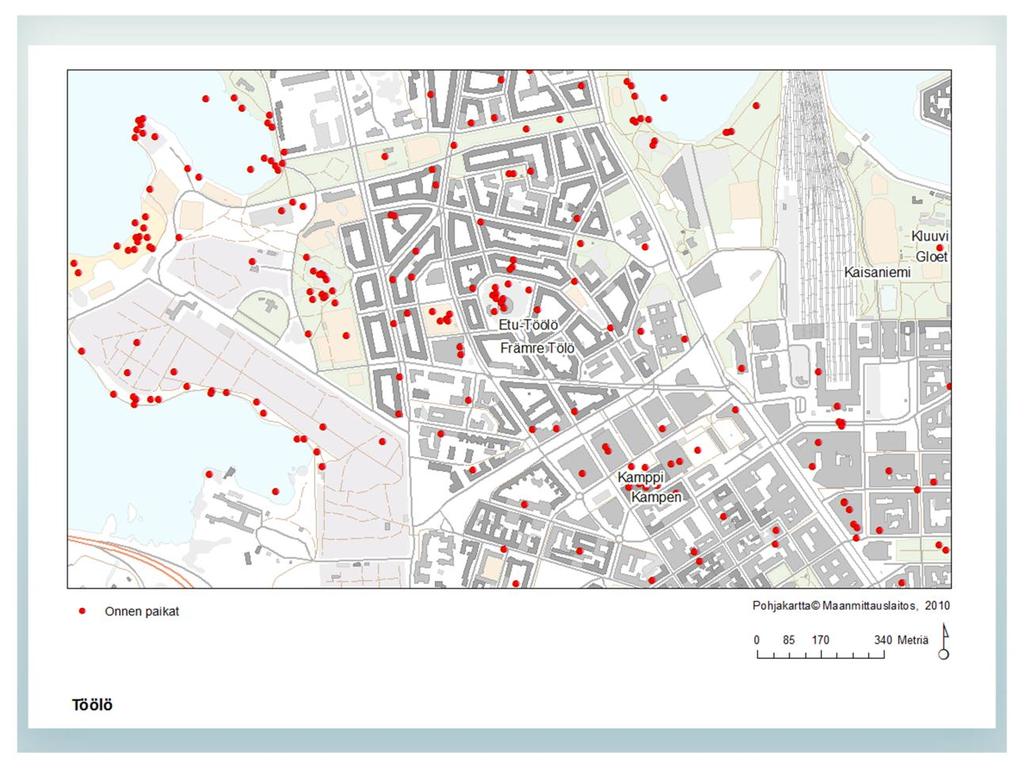Töölöläisten paikantamat onnen paikat Töölöläiset paikansivat kartalle pehmogis-menetelmällä onnen paikkoja, jotka näkyvät oheisessa kartassa punaisella.